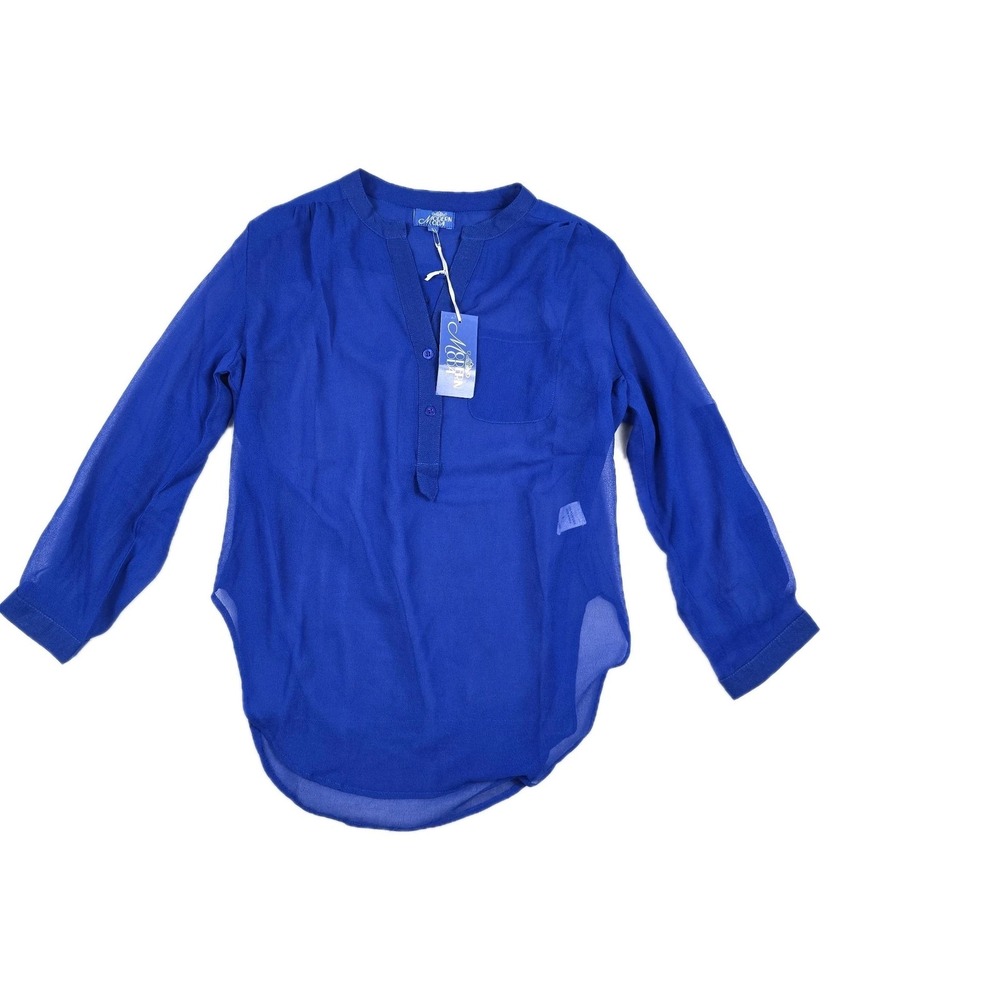Modern Moda Women's Size Large Blue Sheer V Neck Button Shirt‎ New